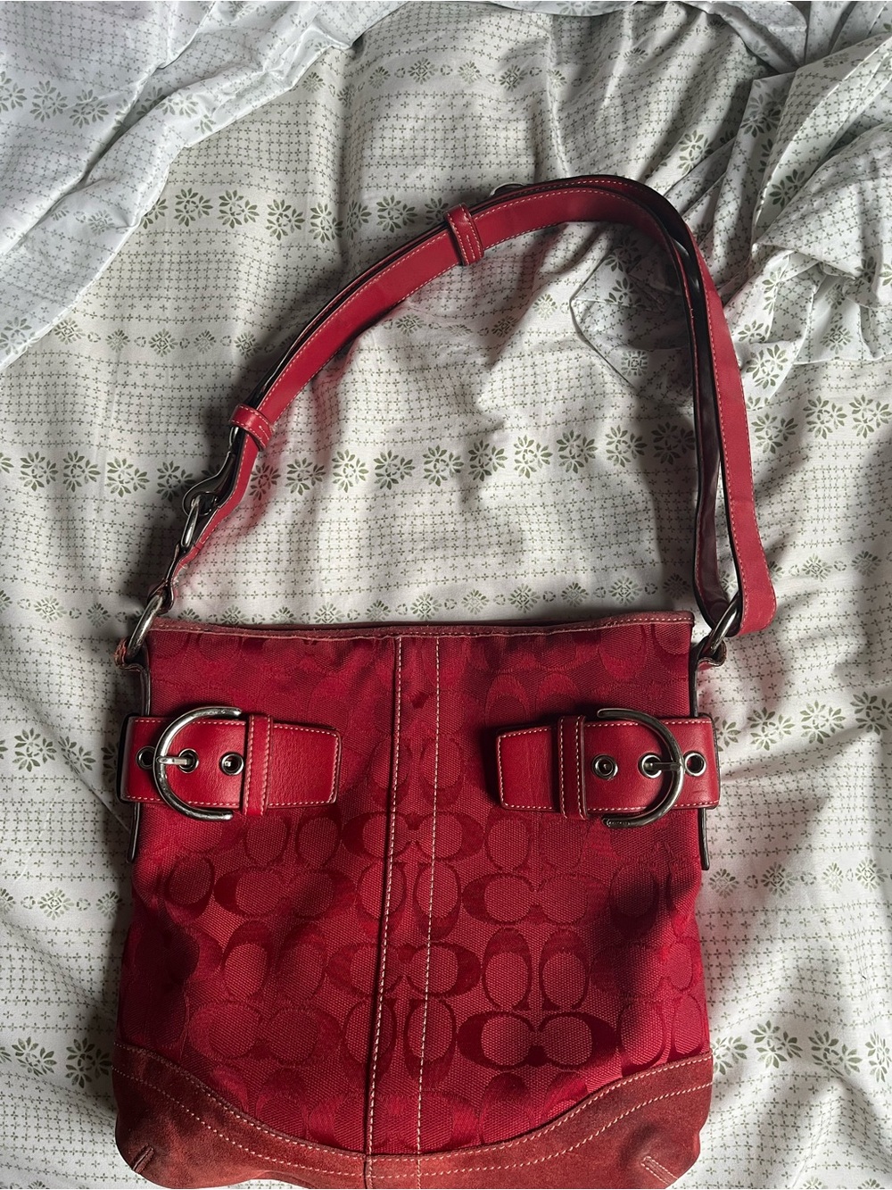 Coach Red Signature Shoulder Bag with Buckle Accents